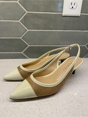 Brand new, never worn Talbots Cream and Tan Pointed Toe Slingback Kitten Heels